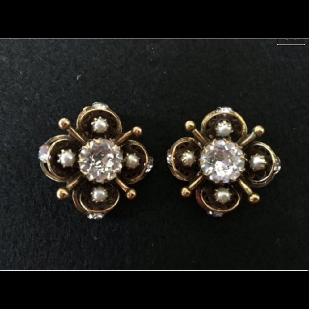 50s Copper Filigree Crystal & Faux Pearls Clip-Ons